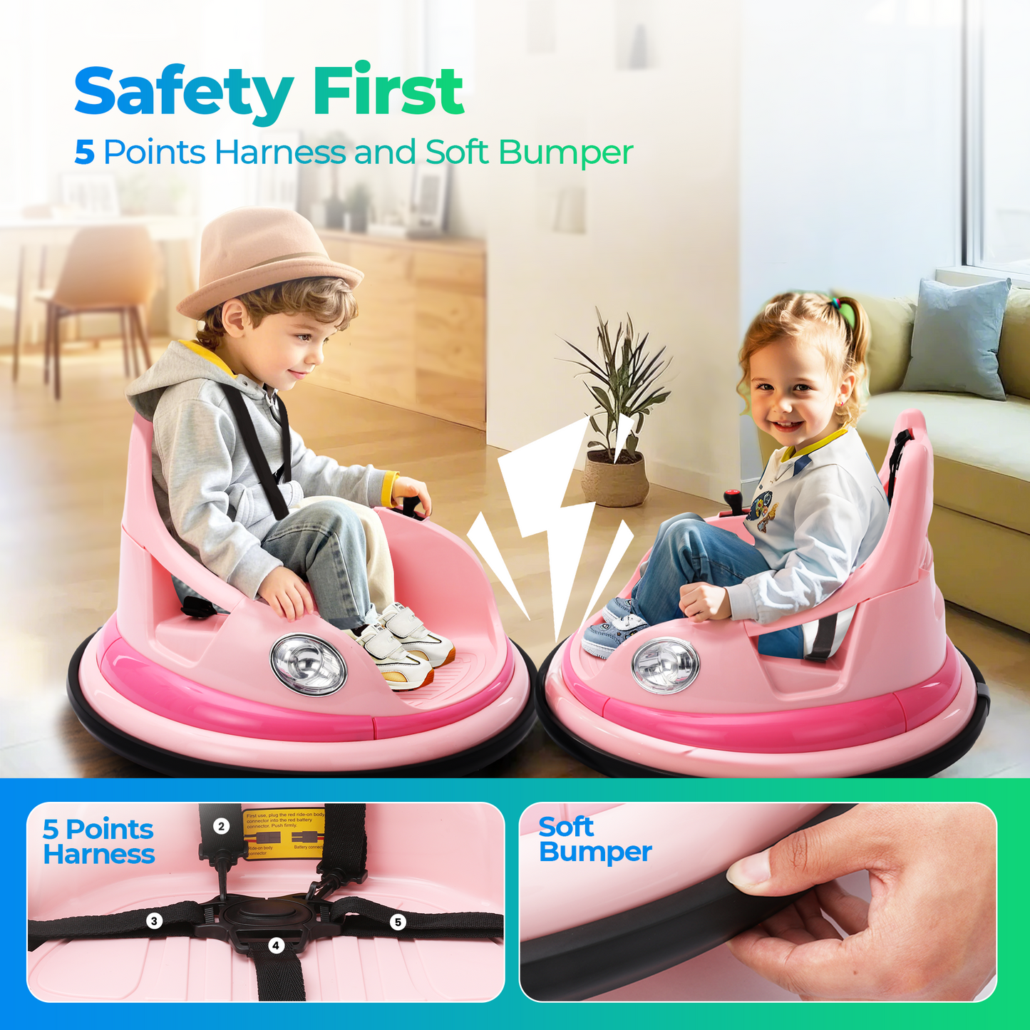 Sophia&William Bumper Car for Kids 12V Battery Powered Ride on w/Bluetooth Music, LED Lights, Remote Control, Electric Toy Car in 2 MPH with DIY Stickers, Pink