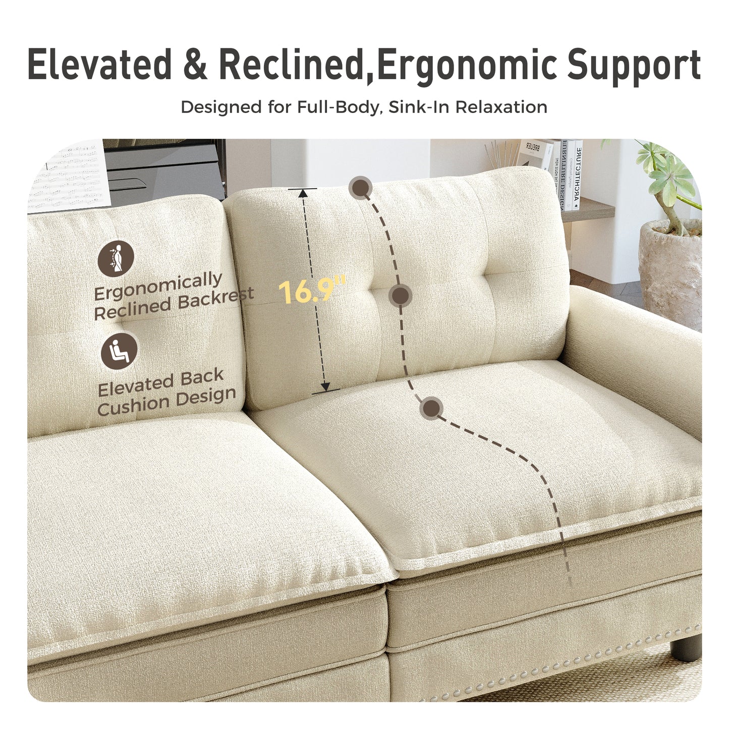 Sophia&William 3-Seat Sectional Sofa Set, Mid-Century Chenille Cloud Couch Modular Sofa with Nailhead Trim, 3 Pillows for Living Room Furniture Sets, White