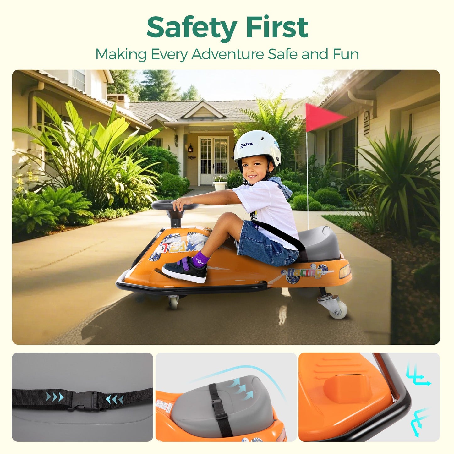 Alpha Joy Kids Crazy Drift Car 24V 180W Electric Drifting Go-Kart w/Rechargeable Battery, Colorful Light, Bluetooth Music & Safety Harness, Orange