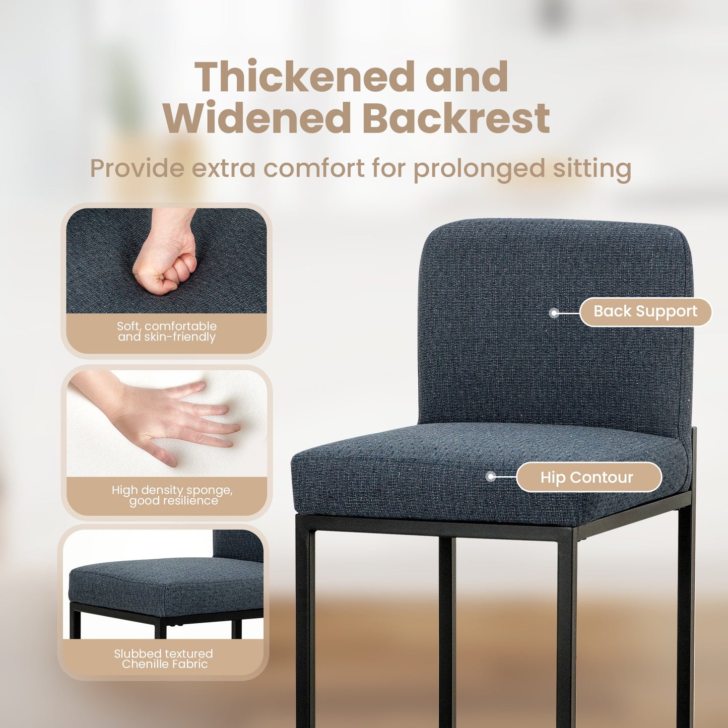 Sophia & William Counter Height Bar Stools with High Backrest 2 Pack Soft & Durable Chenille Fabric Bar Stools for Kitchen Island, Denim Blue