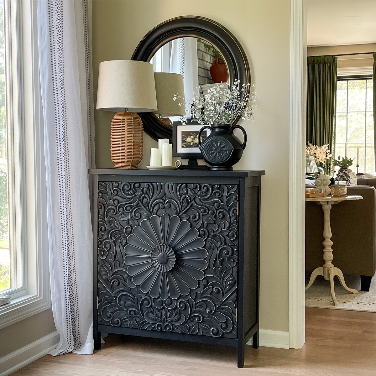 Alpha Joy Accent Cabinet with 2 Doors, Wood Entryway Cabinet with Flower Pattern in Wood Frame for Living Room, Dining Room, Black