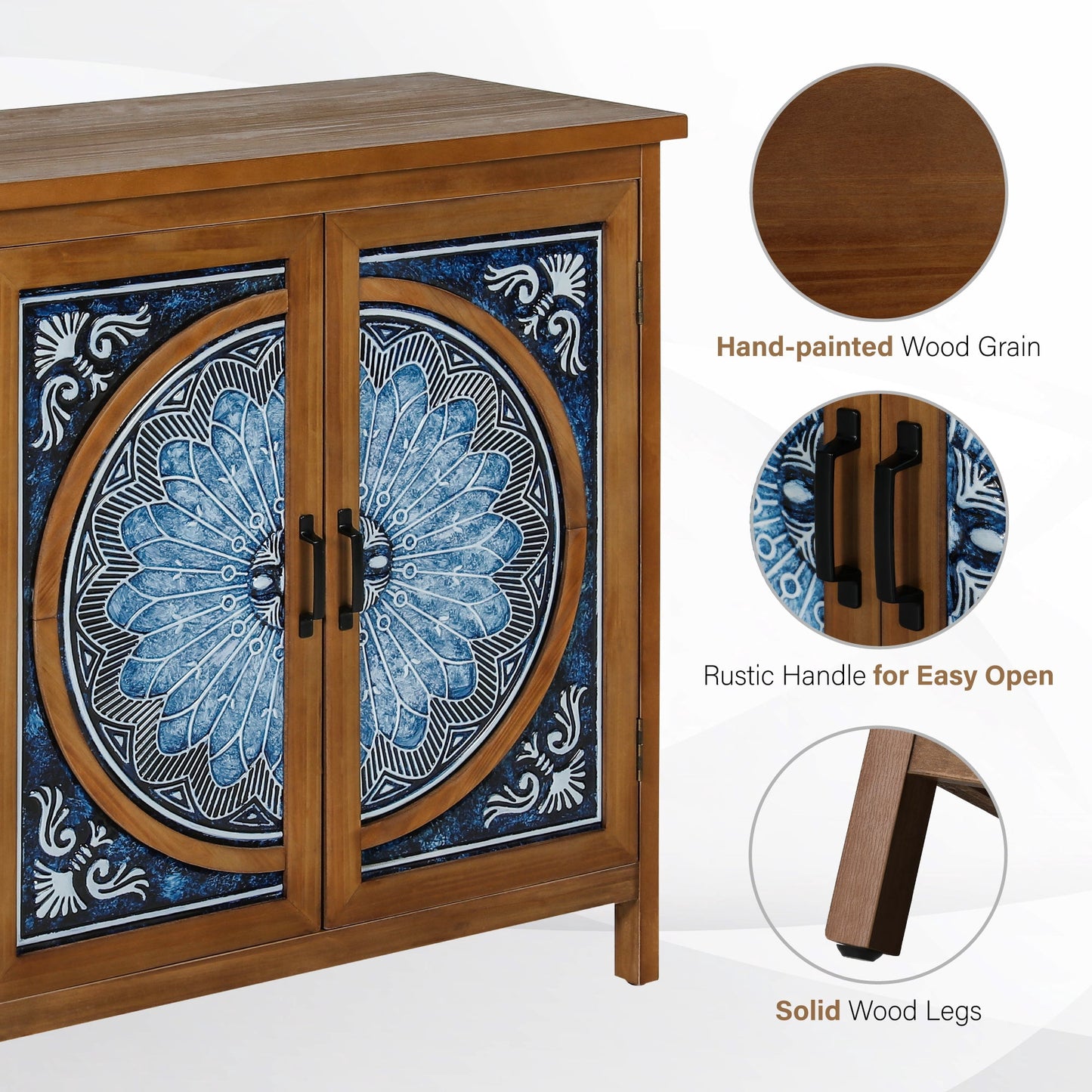 Alpha Joy 2-Door Accent Cabinet with Blue and White Porcelain Pattern, Entryway Cabinet with Shelves, Blue & White