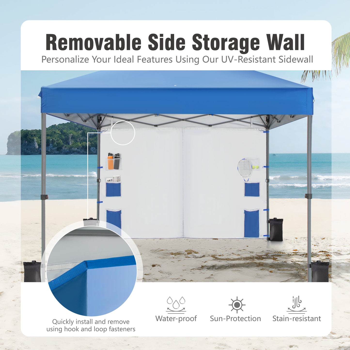 10x10ft Easy Set Up 3 Height Adjustable Pop Up UV Protection Canopy Tent with Removable Side Wall, Blue