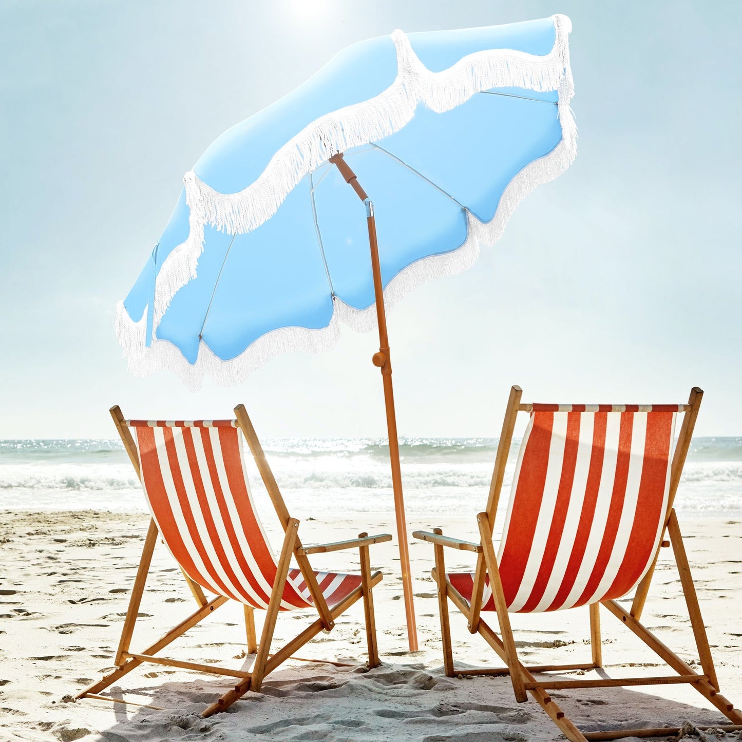 Alpha Joy 7FT Outdoor Parasol Umbrella Fiberglass Ribs Umbrella with Tassel, Sky Blue