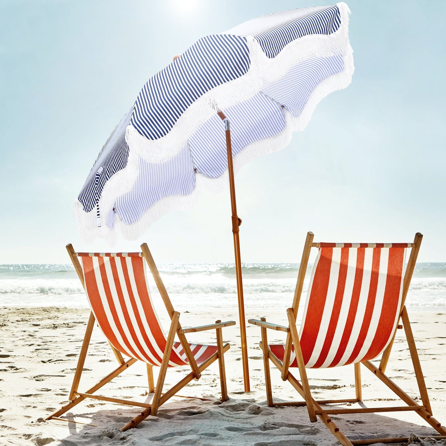 Alpha Joy 7FT Outdoor Parasol Umbrella Fiberglass Ribs Umbrella with Tassel, Navy Blue Strips