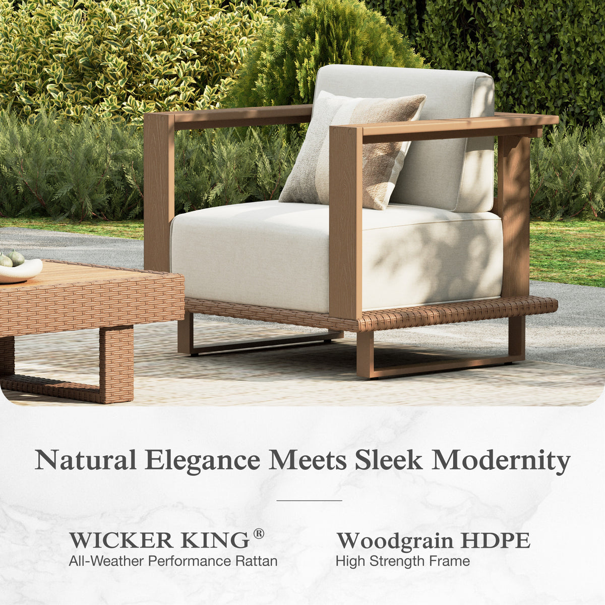 Alpha Joy 5 Pieces HDPE Patio Furniture Set with Wide Wicker Iron Seat & Thick Cushions, Brown & Beige
