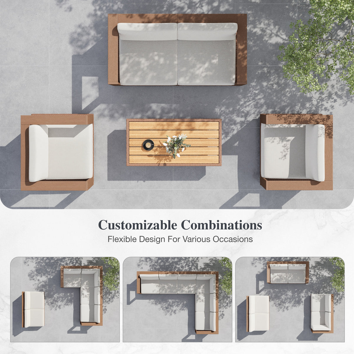 Alpha Joy 4 Pieces HDPE Patio Furniture Set with Wide Wicker Iron Seat & Thick Cushions, Brown & Beige