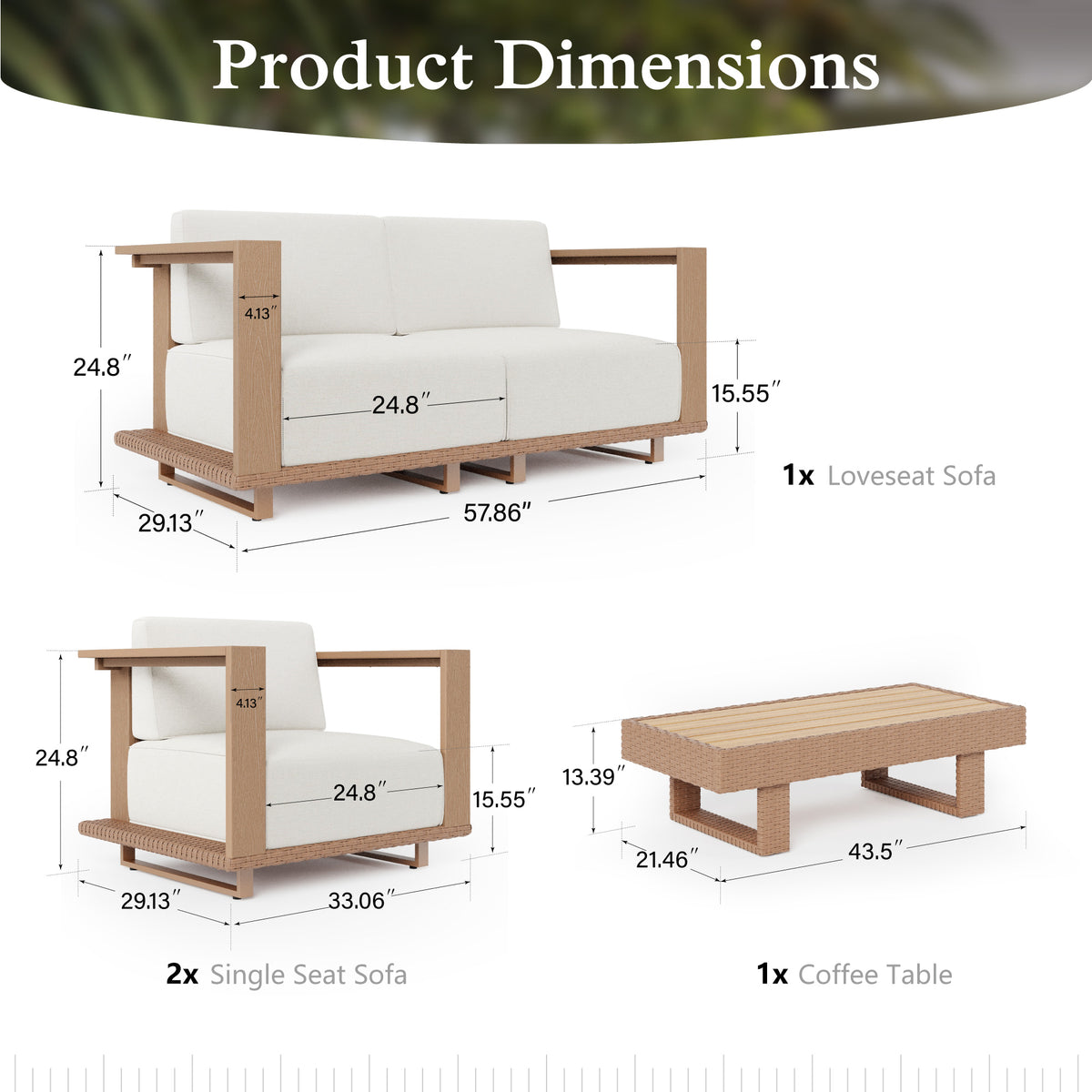 Alpha Joy 5 Pieces HDPE Patio Furniture Set with Wide Wicker Iron Seat & Thick Cushions, Brown & Beige