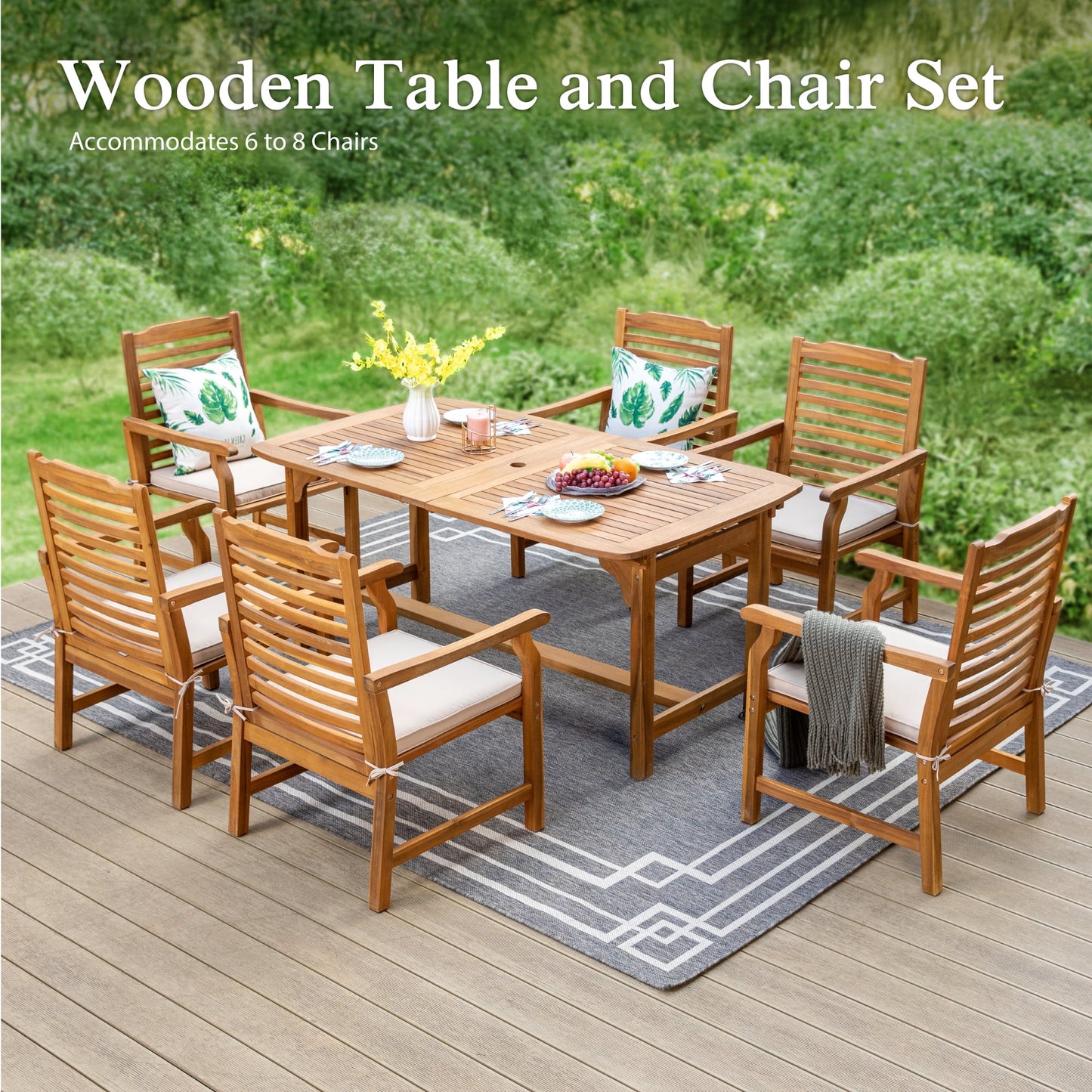 Sophia & William 7 Pieces Patio Dining Set Acacia Wood Outdoor Furniture Set Expandable Table and Natural Wood Chairs with Cushions for Lawn, Garden, Backyard