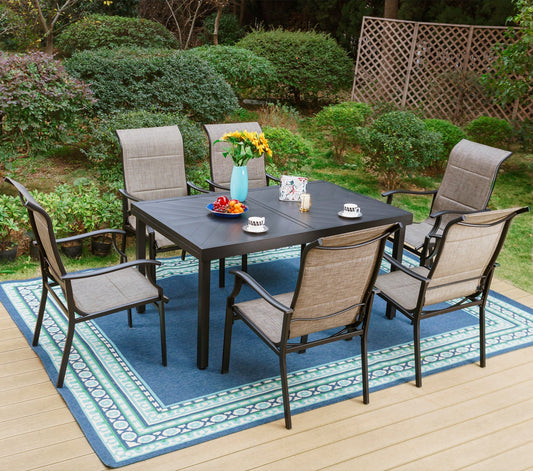Sophia & William 7 Pieces Metal Outdoor Patio Dining Set with Gray Padded Textilene Chairs and Black Extendable Table
