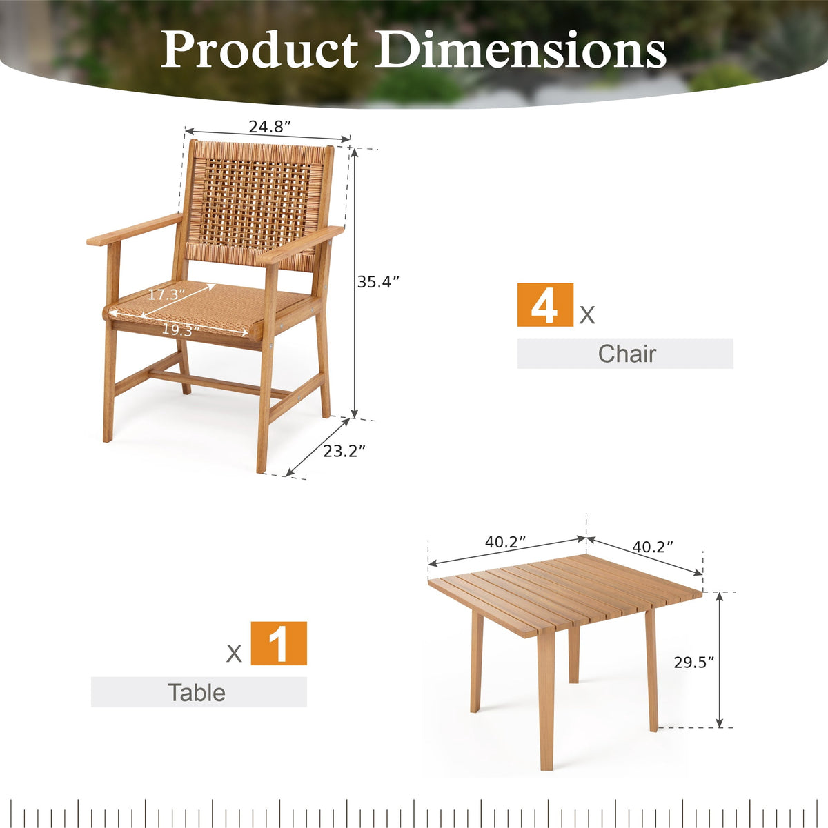 Sophia & William 5 Pieces Acacia Wood Outdoor Patio Dining Set Natural Wood Table and Rattan Chairs for Lawn, Garden, Backyard