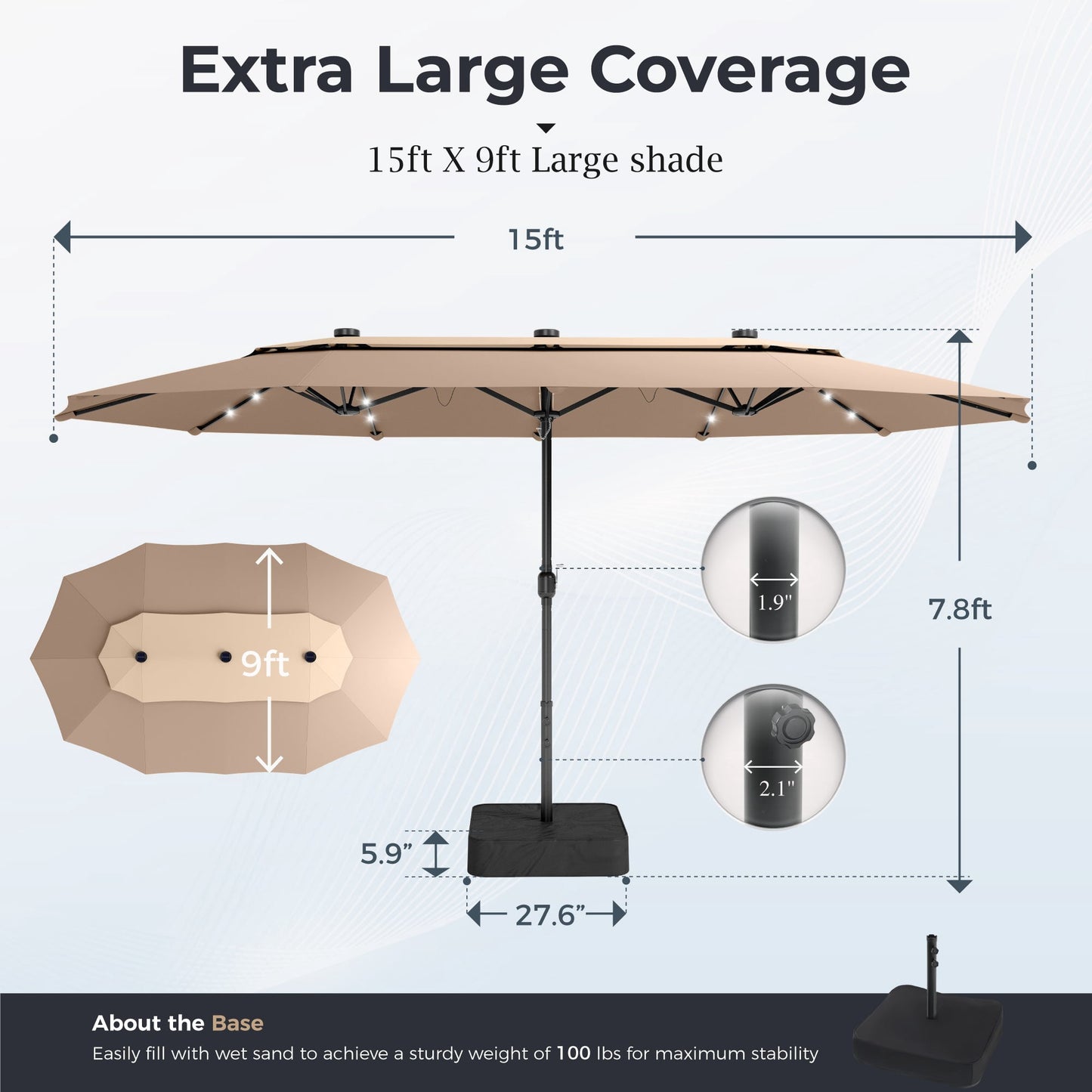 Alpha Joy 15ft Dual-Layer Extra Large Outdoor Patio Umbrella Double-Sided Ventilation Umbrella with Led Lights & Umbrella Base, Beige Patchwork