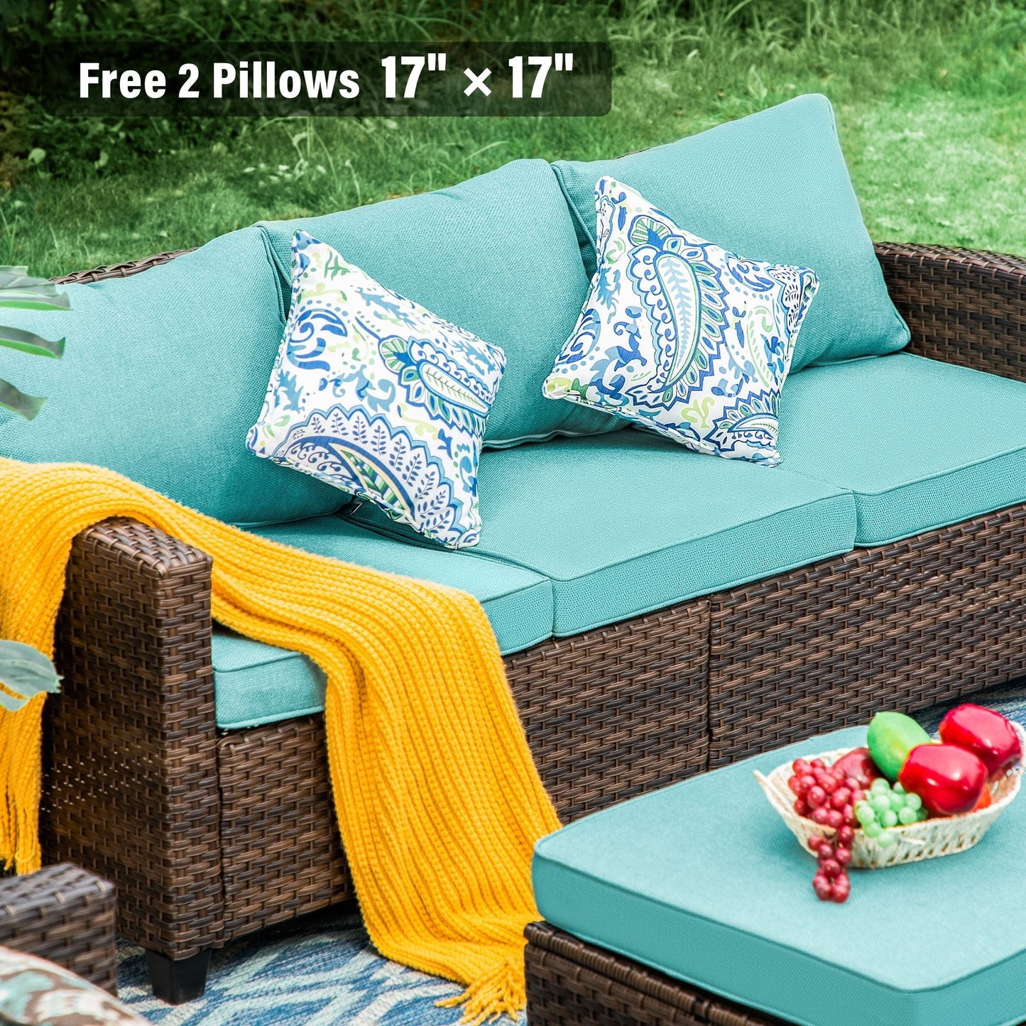 Sophia & William 7-seat Wicker Patio Convesation Set Wicker Outdoor Sectionals Sofa Set, Blue