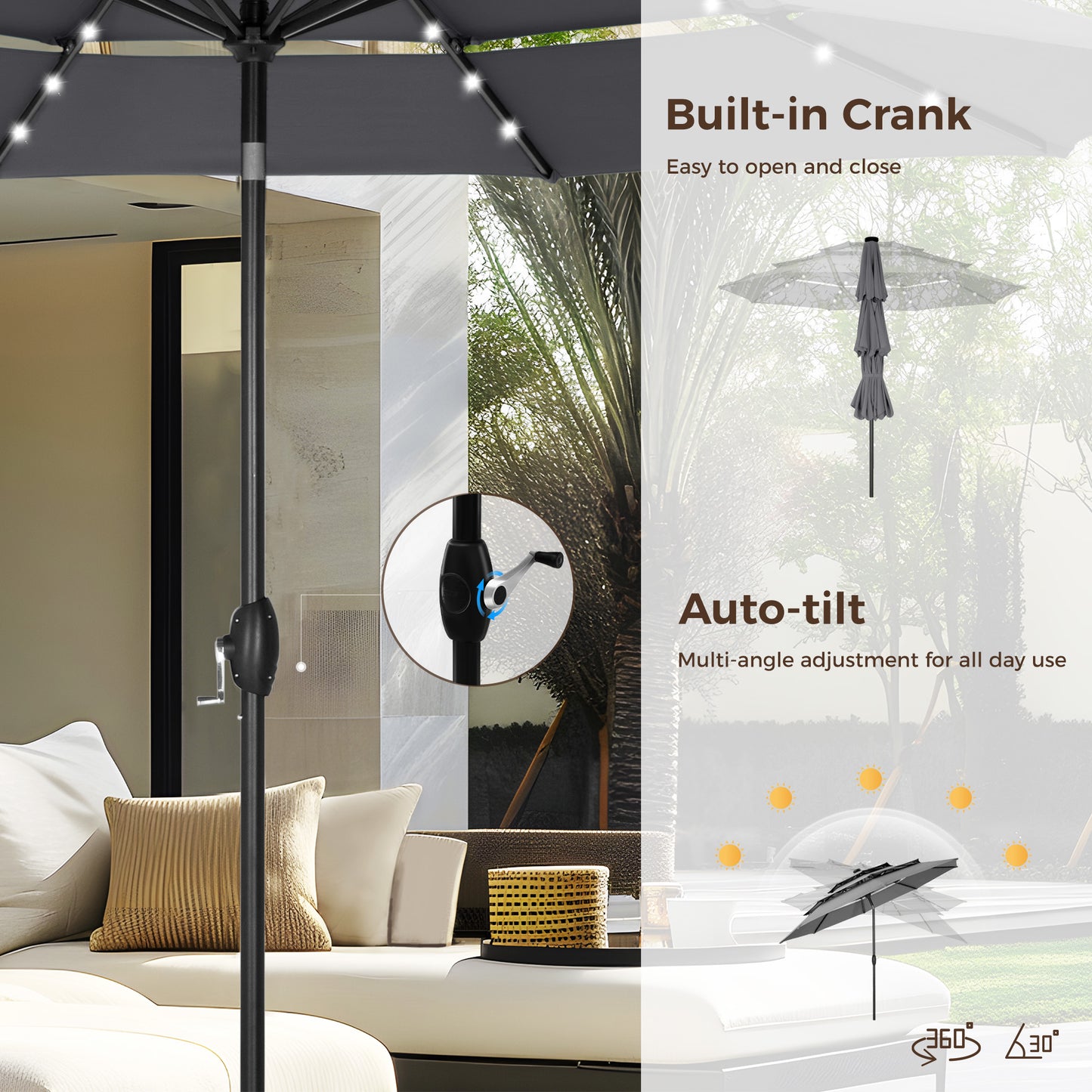 Alpha Joy 10ft 3 Tier Auto-tilt Outdoor Patio Umbrella Beach Garden Double Vented Table Umbrella with Solar Lights, Smoky Gray