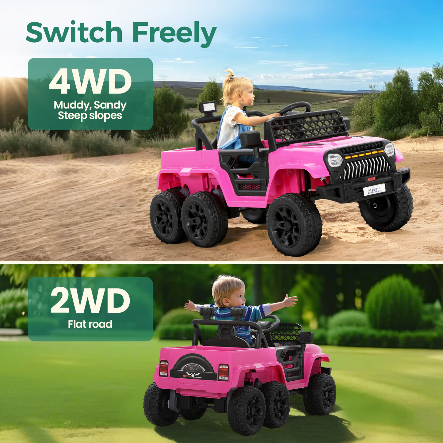 Alpha Joy Kids Ride on Truck 6-Wheel Electric Jeep Car with Remote Control Battery Powered Toy Car w/2WD/4WD Switch, LED Lights, Bluetooth Music, Pink