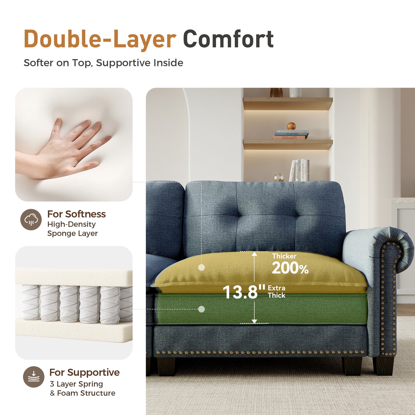 Sophia&William Modular Sectional Sofa Couch Set, U-shaped Linen Cloud Couch 6-Seat Retro Nailhead Trim Cloud Sofa Set with 4 Pillows for Living Room, Cyan
