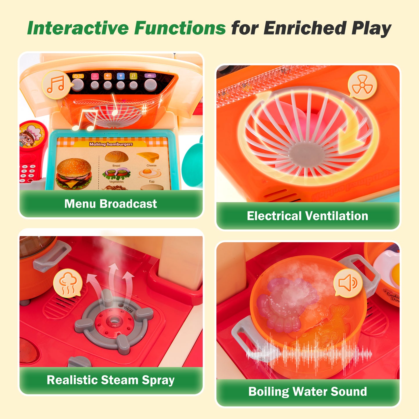 Sophia & William 87Pcs Pretend Play Kitchen 38.59Inch Toy Sets for Kids w/Realistic Sounds & Lights, Microwave Oven, Range Hood, Faucet, Cooking Stove, Sink, Red