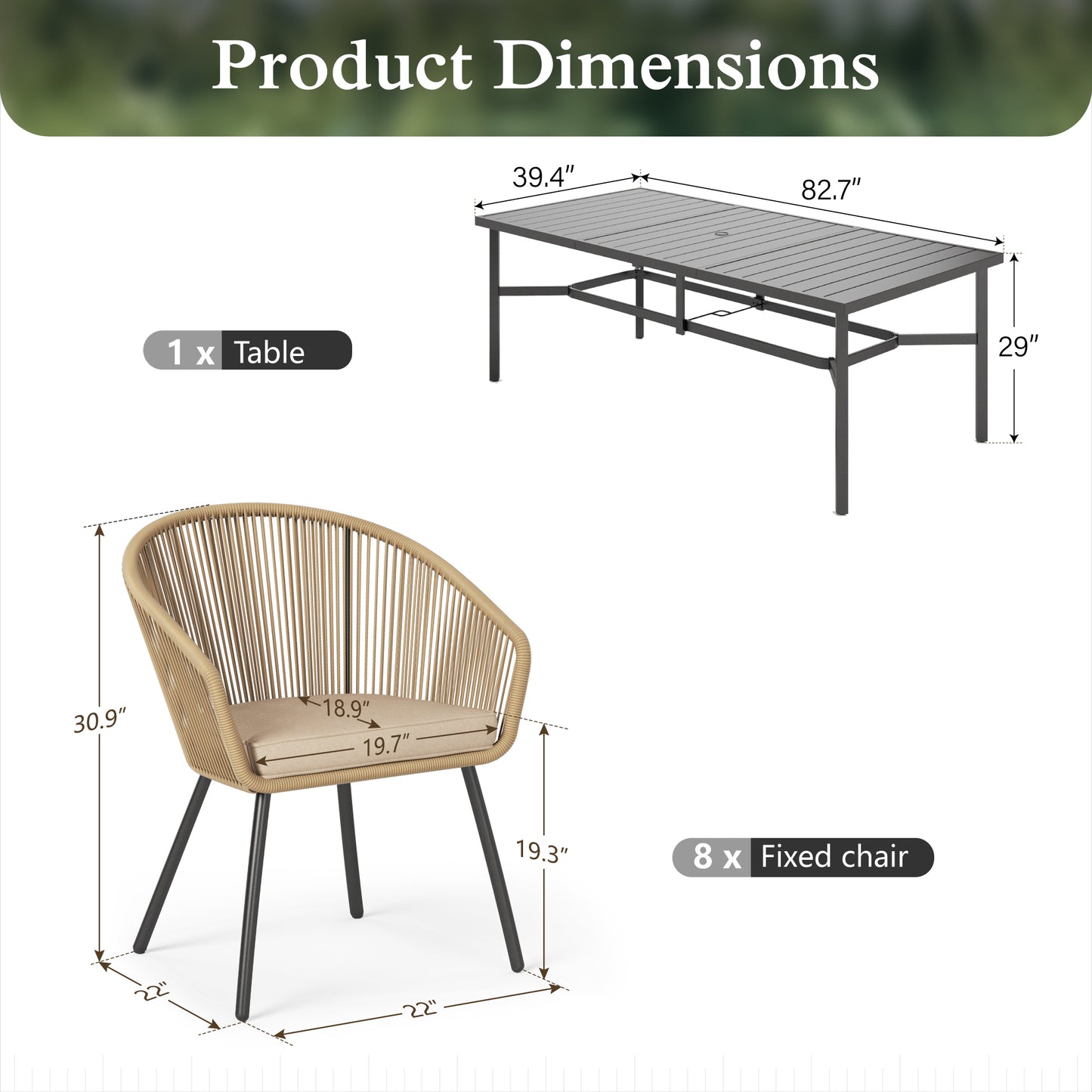 Sophia & William 9 Pieces Outdoor Patio Dining Set, 83" Rectangle Metal Dining Table and Wicker Rattan Chairs Set for 8, Black Placer Gold