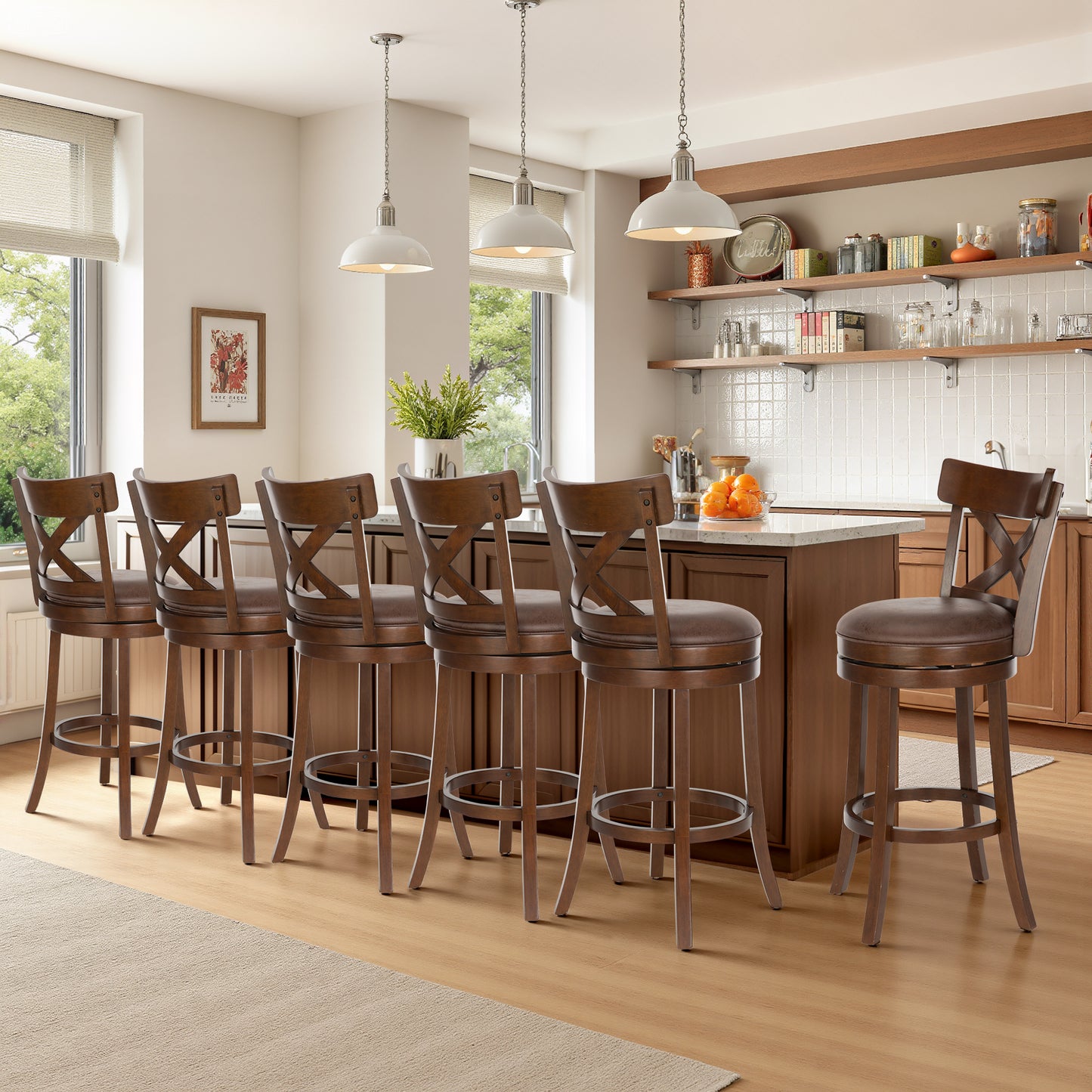 Sophia & William 30" Swivel Bar Stools, Set of 6 with Cross Back Durable Wood Frame Padded Counter Stools for Kitchen Island,Brown