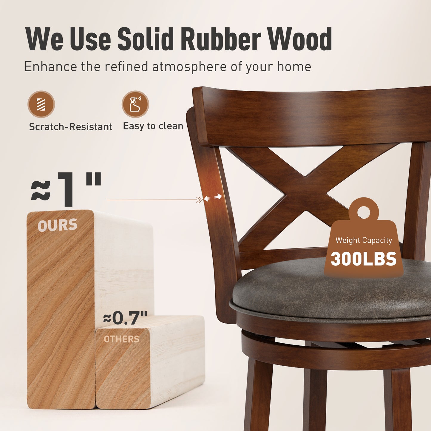 Sophia & William 30" Swivel Bar Stools, Set of 4 with Cross Back Durable Wood Frame Padded Counter Stools for Kitchen Island,Brown