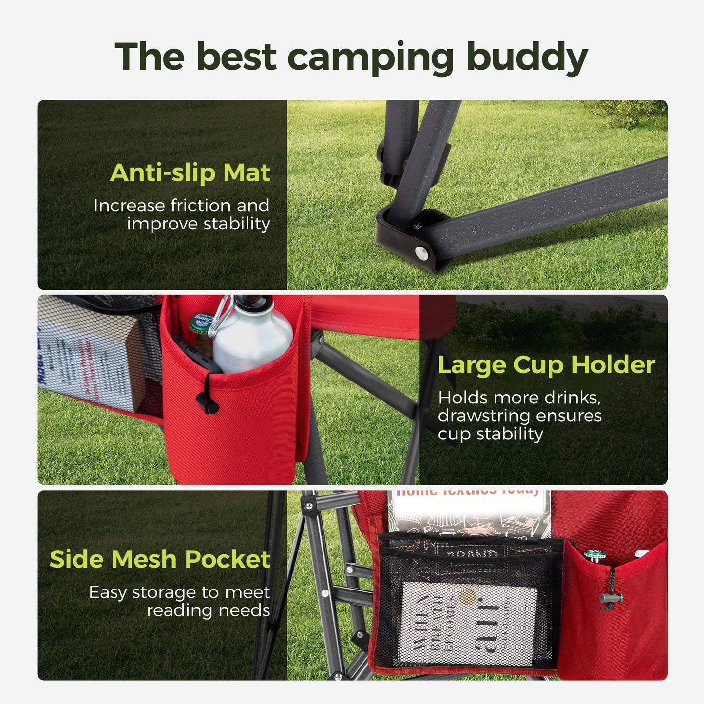 Sophia & William Oversized Camping Chair Heavy Duty High Back Camping Chairs 500lbs Capacity Folding Lawn Chairs with Cup Holder, Portable for Outdoor, Beach and Picnic, Red