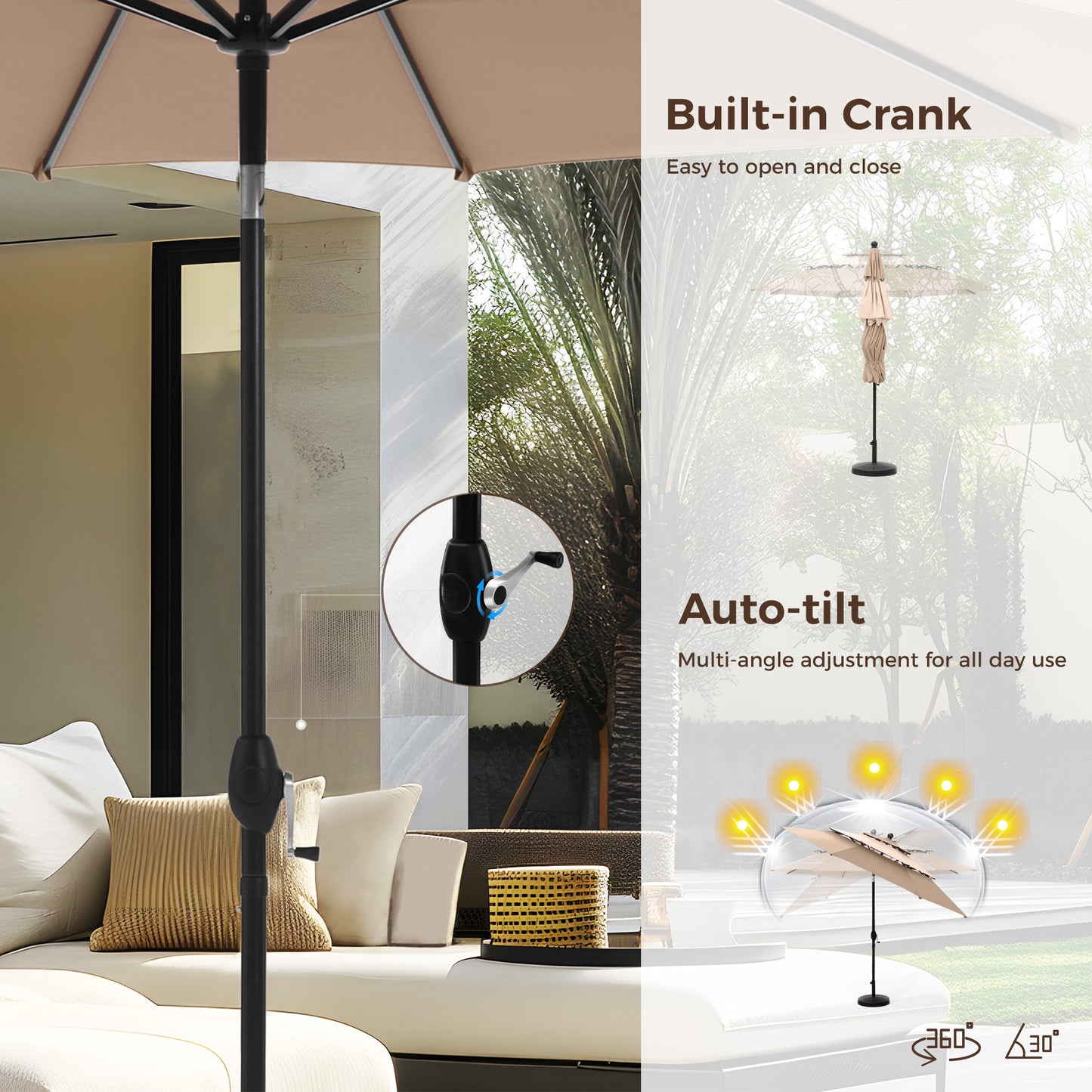 Alpha Joy 10ft 3 Tier Auto-Tilt Outdoor Patio Umbrella Beach Garden Double Vented Table Umbrella with Push Button and Crank, Beige & Tan