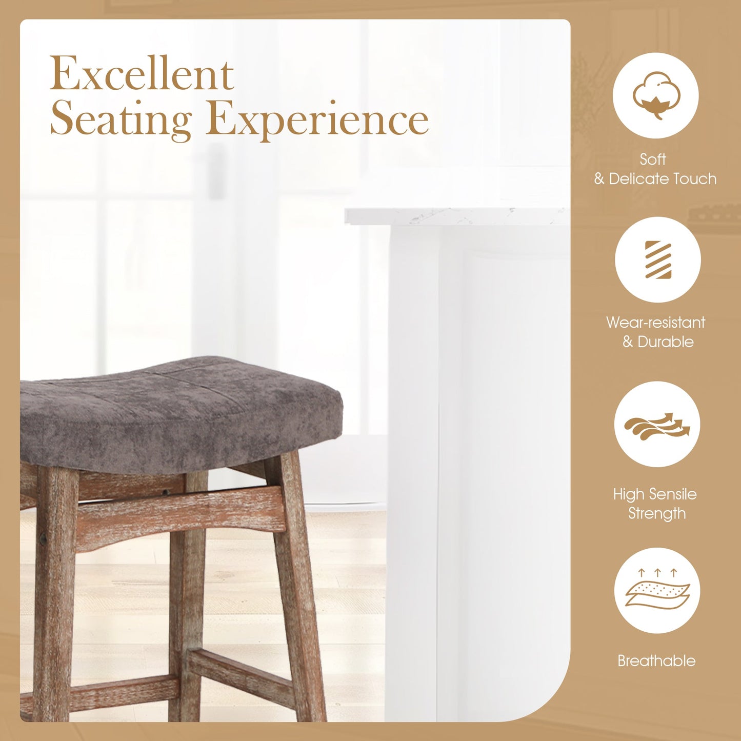 Sophia & William Counter Height Bar Stools Set of 4 for Kitchen Island,24 Inch Saddle Backless Bar Stools with Solid Wood Legs,Vintage Linen Seat Upholstered Farmhouse Counter Stools,Grey