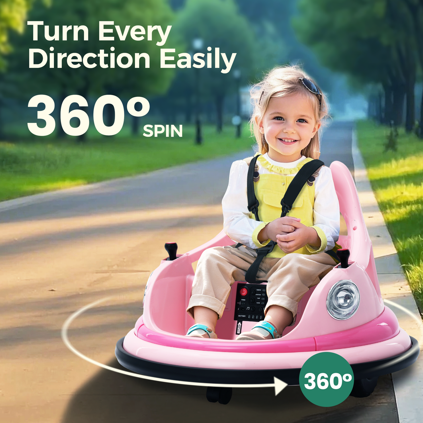 Alpha Joy Kids Bumper Car 12V Battery Powered Ride on w/LED Lights, Bluetooth Music, 360¡ã Spin, Remote Control, Electric Car in 2 MPH with Stickers, Pink