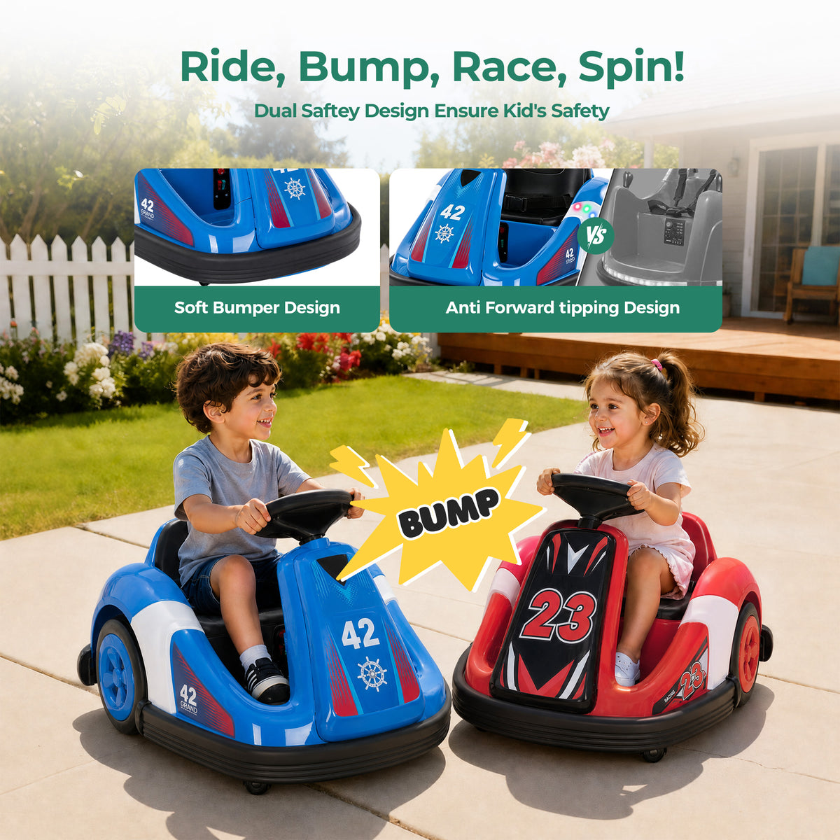 Alpha Joy Kids 12V Bumper Car with Steering Wheel & Remote Control, 3-Color LED Lights, 3 Speeds, Electric Ride-on Toys Car for 3-6 Years, Royal Blue