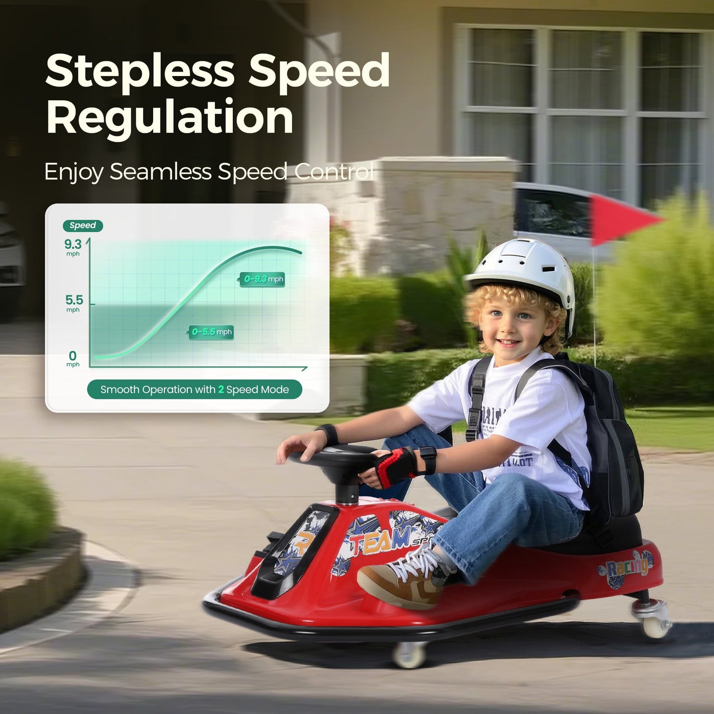 Alpha Joy Kids Crazy Drift Car 24V 181W Electric Drifting Go-Kart w/Rechargeable Battery, Colorful Light, Bluetooth Music & Safety Harness, Red