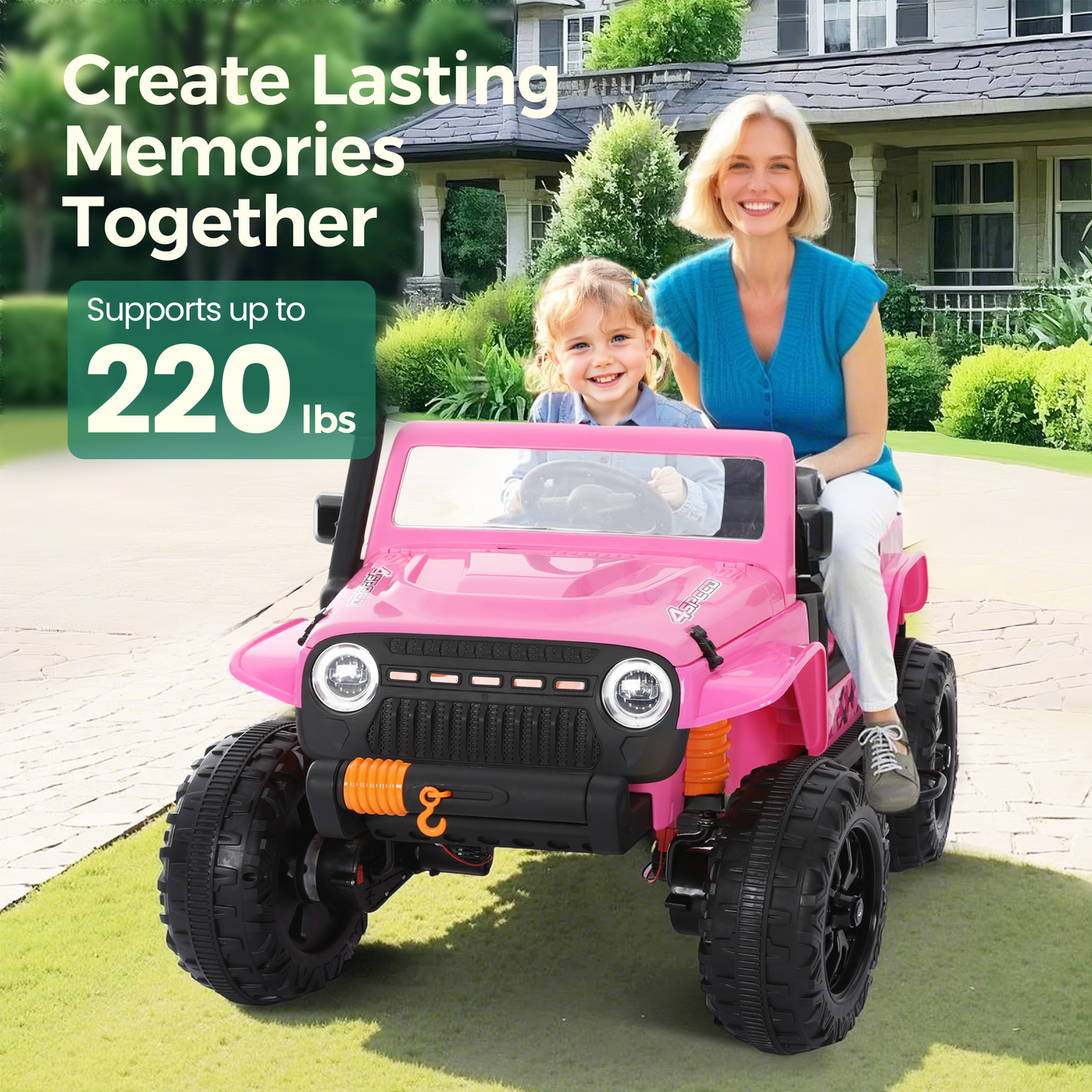 Alpha Joy 2-Seater Kids Ride on Truck 24V Electric Jeep Car with Remote Control Battery Powered Toy Car w/2 Speeds, LED Lights, Detachable Spotlights, Bluetooth Music, Pink
