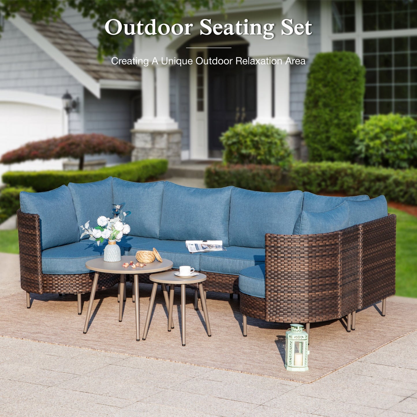 Sophia & William U-shaped 8 Pieces Wicker Patio Furniture Set 6-Seat Outdoor Conversation Set with Coffee Table & Cushioned Chairs, Brown & Blue