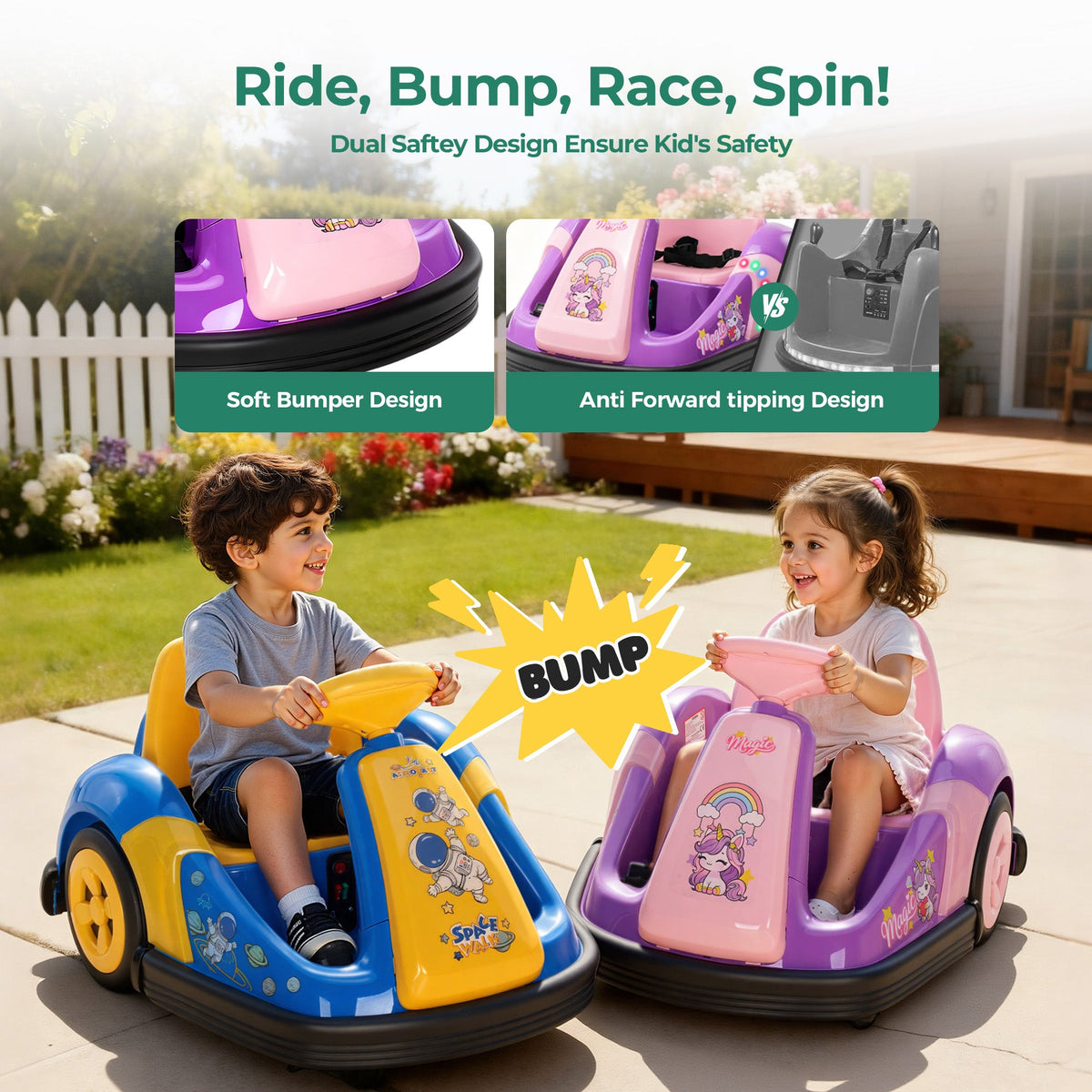 Alpha Joy Kids 12V Bumper Car with Steering Wheel & Remote Control, 3-Color LED Lights, 3 Speeds, Electric Ride-on Car for 3-6 Years, Pink