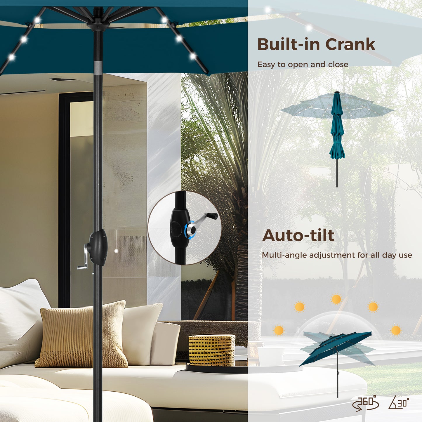 Alpha Joy 10ft 3 Tier Auto-tilt Outdoor Patio Umbrella Beach Garden Double Vented Table Umbrella with Solar Lights, Cerulean