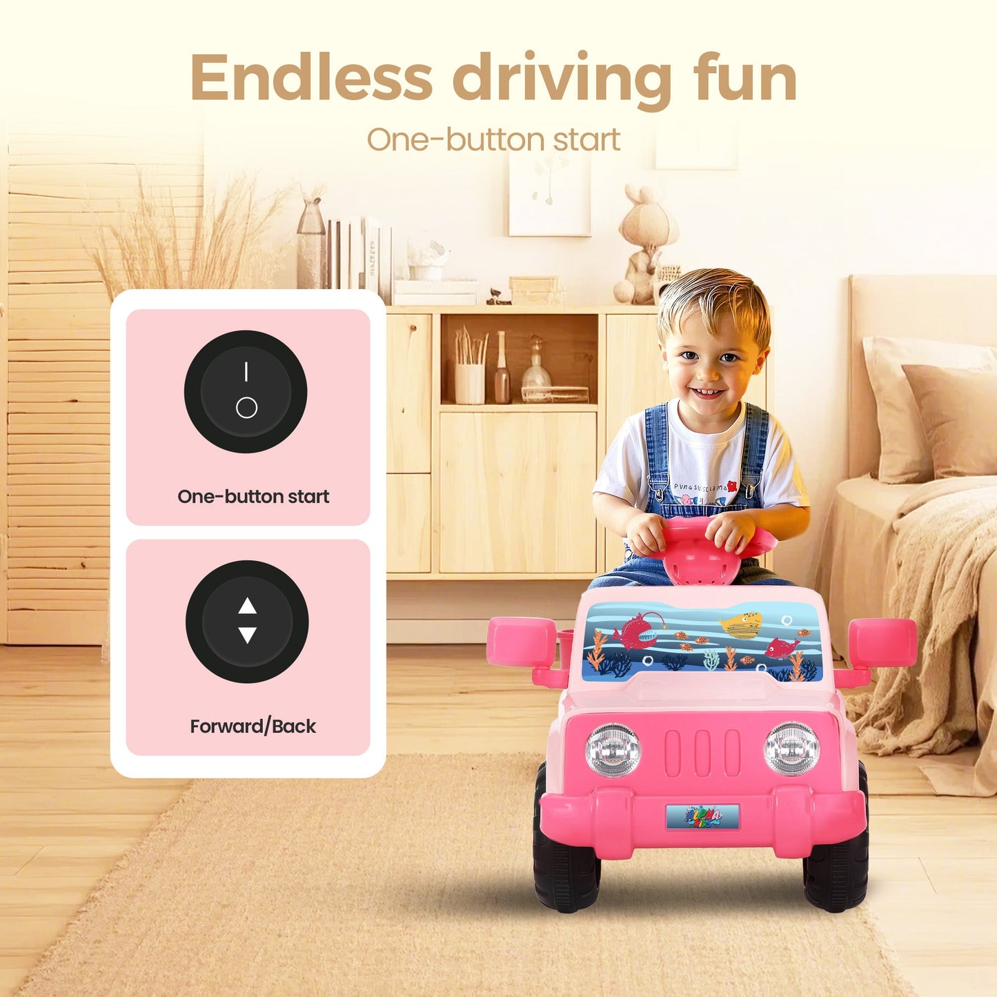 Alpha Joy Kids Remote Control Car Toys with LED Lights & Rocket Sticker, Pink
