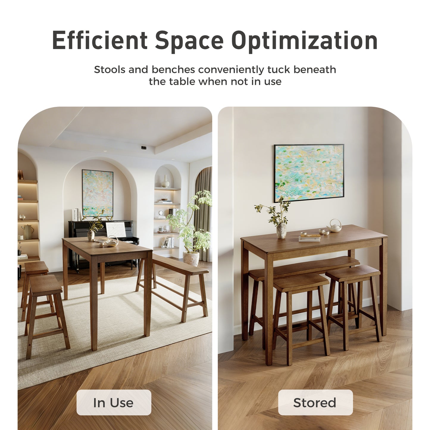 Alpha Joy 4 Pieces Dining Table Set for 4 Space-Saving Wood Kitchen Counter Height Bar Table, 2 Stools and Bench- Rustic Caramel