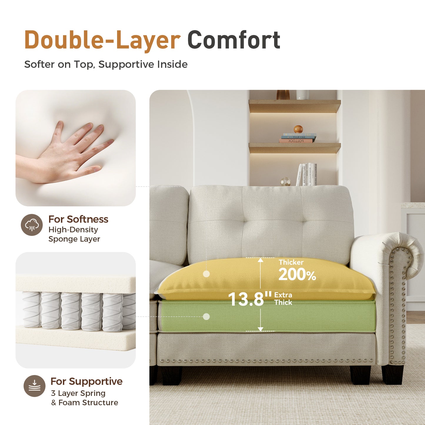 Sophia&William Modular Sectional Sofa Set, U-shaped Linen Cloud Couch 5-Seat Nailhead Trim Cloud Sofa Set with 3 Pillows for Living Room, White