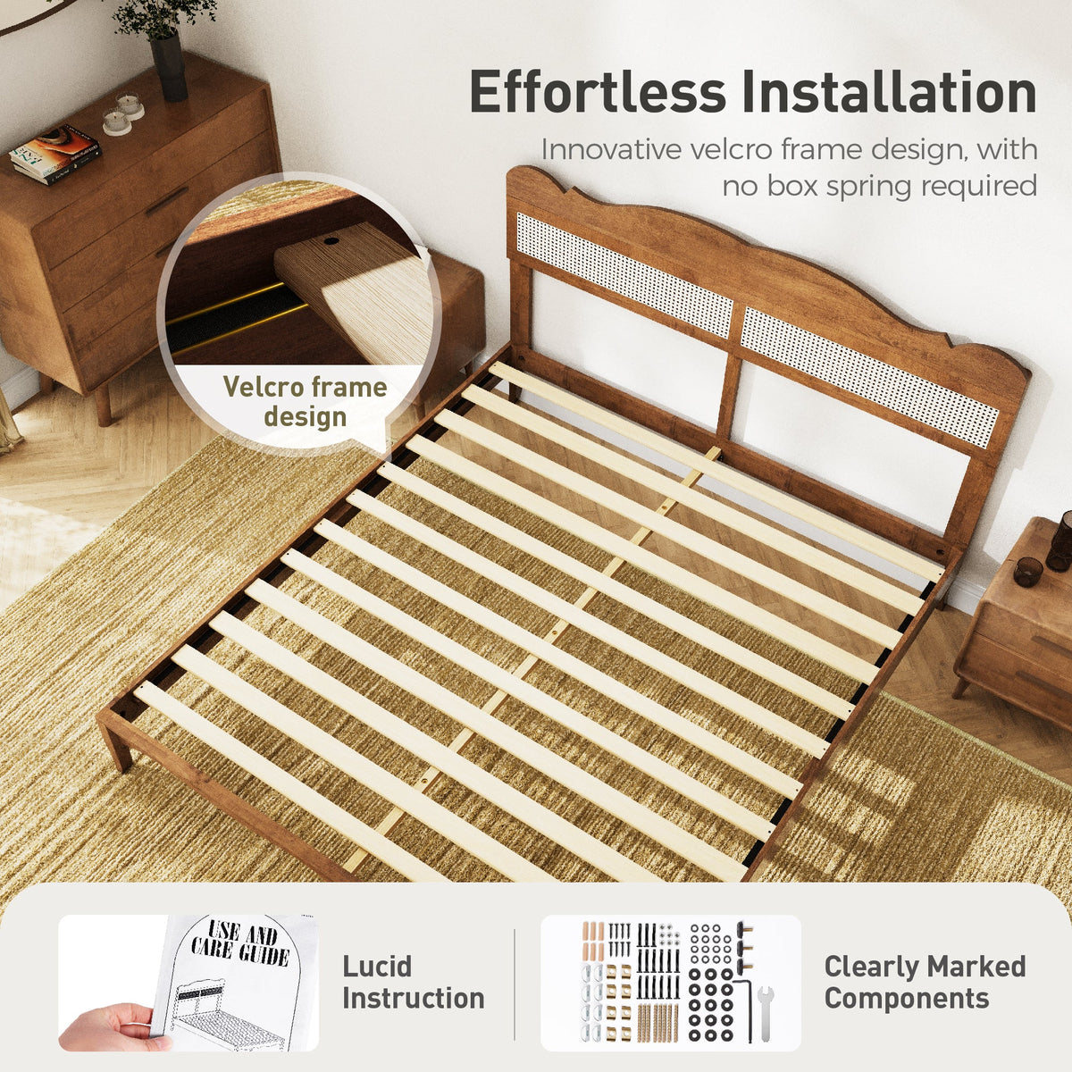 Sophia & William King Size Wood Platform Bed Frame with Wooven Rattan Adjustable Headboard & Wooden Slats,No Box Spring Needed