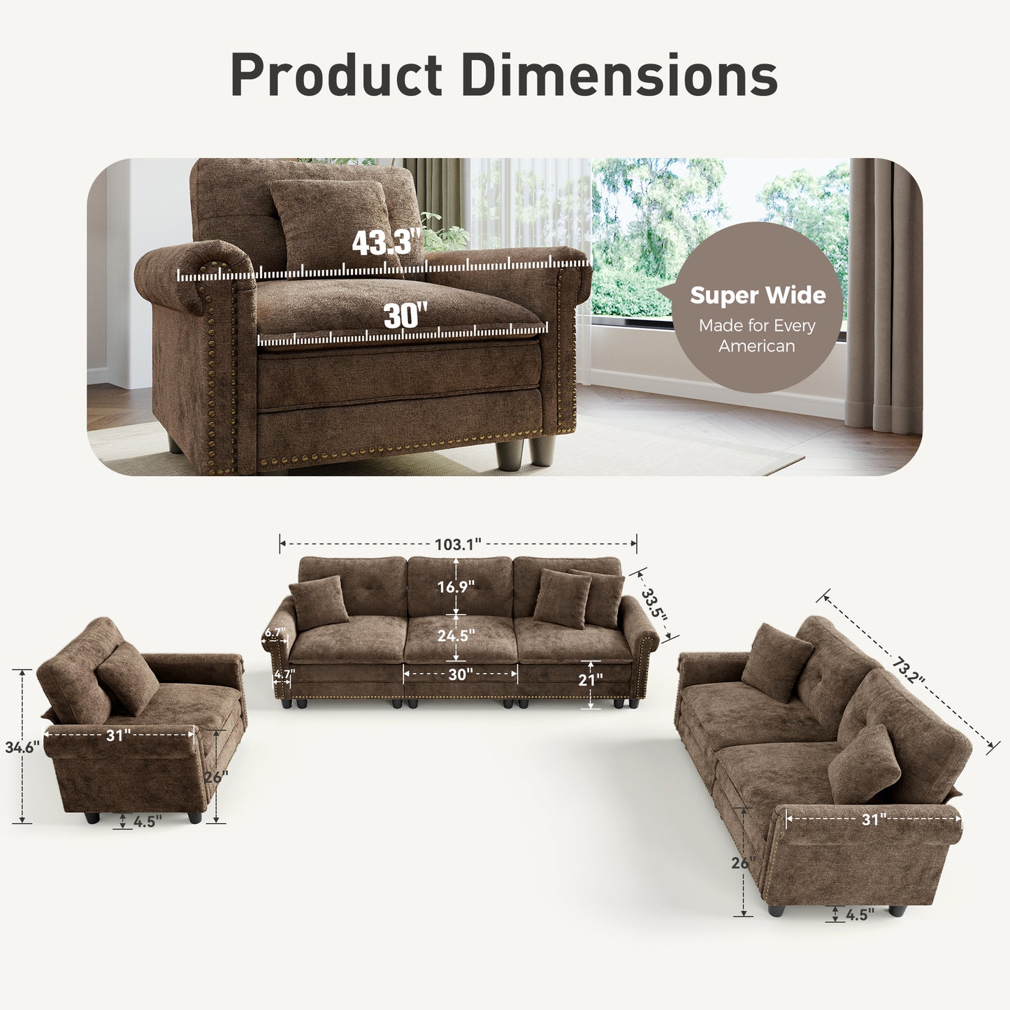Sophia&William Modular Sectional Sofa Set, Mid-Century Chenille Cloud Couch 6-Seat Retro Nailhead Trim with 6 Throw Pillows for Living Room, Taupe