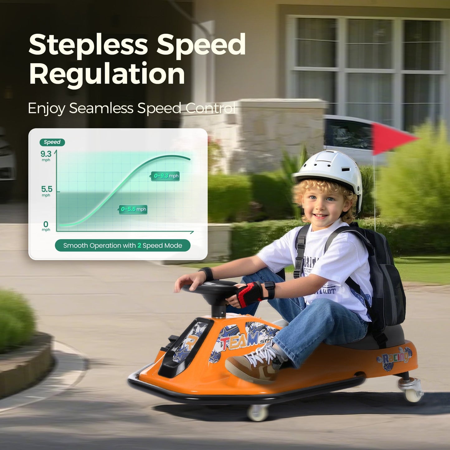 Alpha Joy Kids Crazy Drift Car 24V 180W Electric Drifting Go-Kart w/Rechargeable Battery, Colorful Light, Bluetooth Music & Safety Harness, Orange