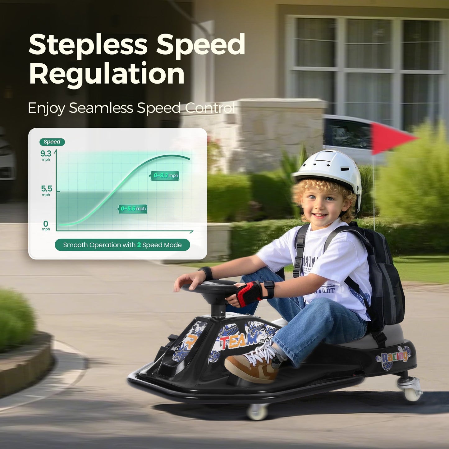 Alpha Joy Kids Crazy Drift Car 24V 180W Electric Drifting Go-Kart w/Rechargeable Battery, Colorful Light, Bluetooth Music & Safety Harness, Black