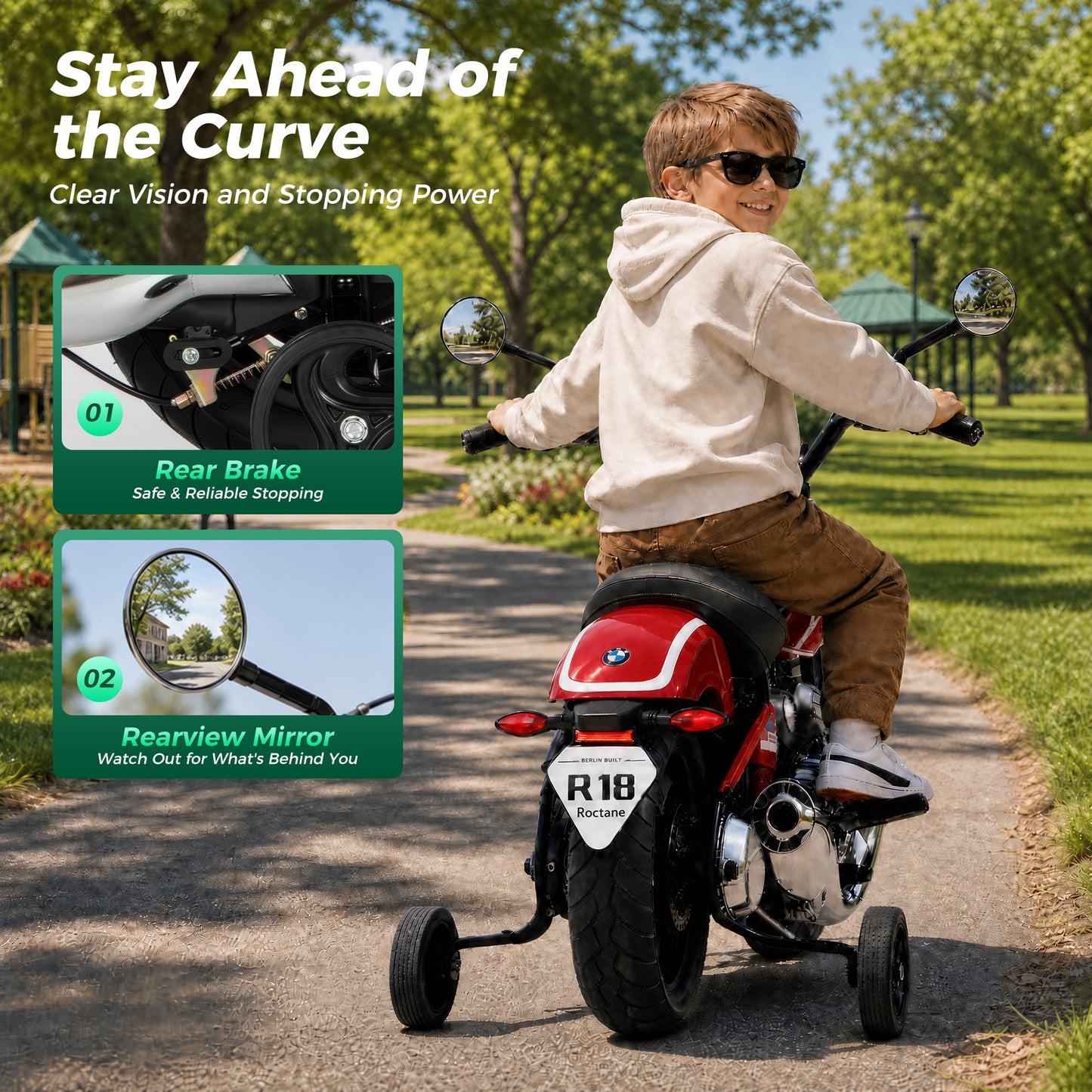 Alpha Joy BMW Licensed Electric Motorcycle 24V Battery Powered Electric Vehicle Car for Kids 200W 13 MPH Ride on Car with All-Terrain Tires, Removable Training Wheels for Boys Girls Age 8-12, Red