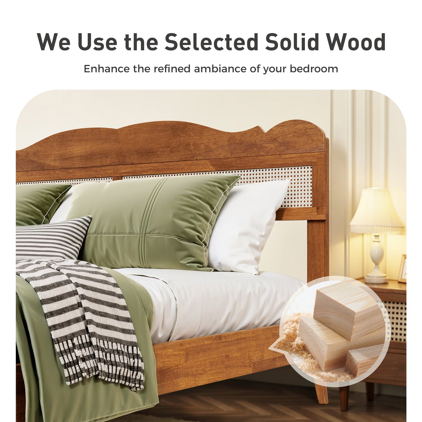 Sophia & William King Size Wood Platform Bed Frame with Wooven Rattan Headboard & Wooden Slats,No Box Spring Needed