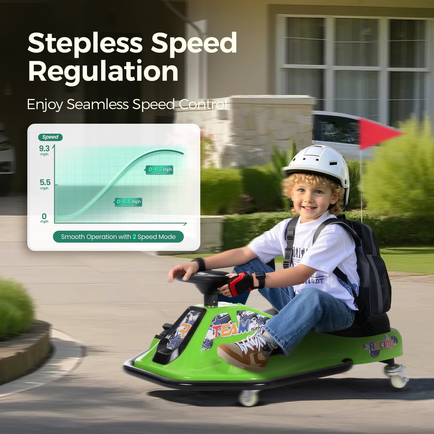 Alpha Joy Kids Crazy Drift Car 24V 182W Electric Drifting Go-Kart w/Rechargeable Battery, Colorful Light, Bluetooth Music & Safety Harness, Green