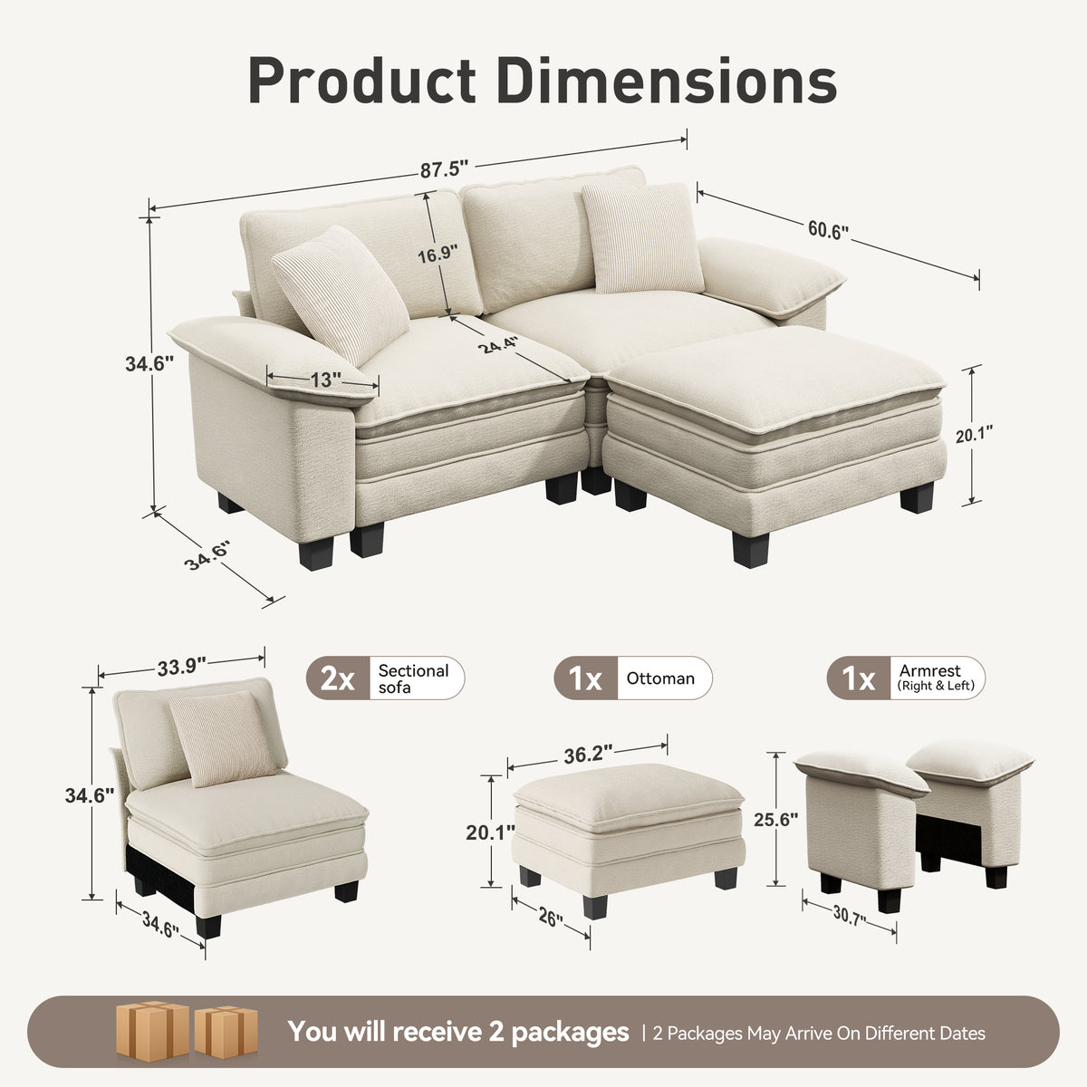 Sophia&William L-shaped Modular Sectional Sofa, 3-Seater Chenille Cloud Couch Sofa Set with Deep Seat & 2 Pillows & Ottoman for Living Room, Apartment, White