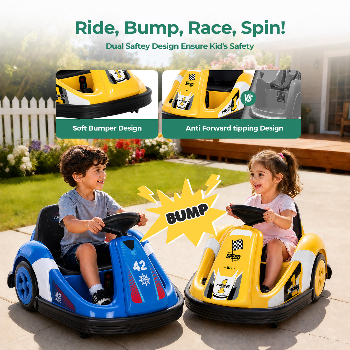 Alpha Joy Kids 12V Bumper Car with Steering Wheel & Remote Control, 3-Color LED Lights, 3 Speeds, Electric Ride-on Toys Car for 3-6 Years, Yellow