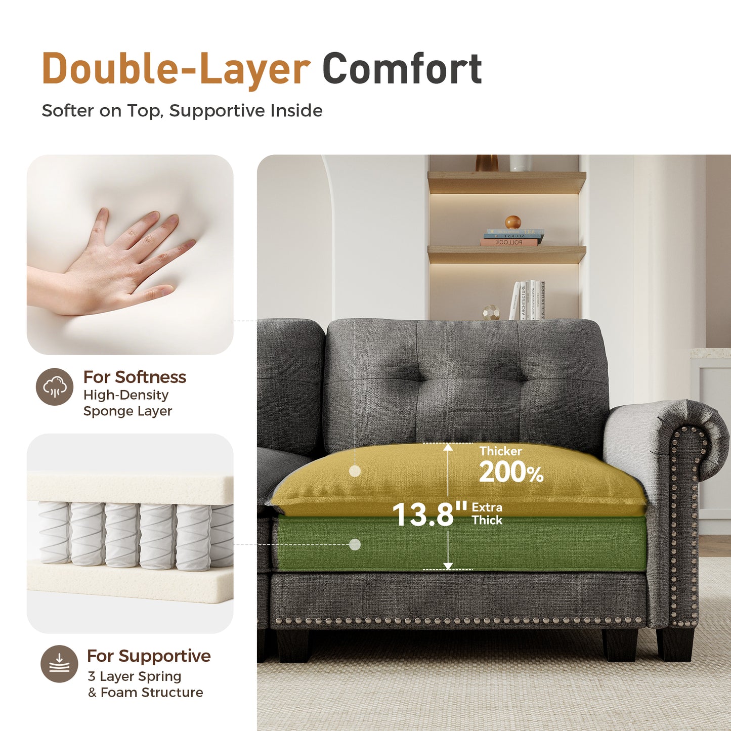 Sophia&William Modular Sectional Sofa Couch Set, U-shaped Linen Cloud Couch 6-Seat Retro Nailhead Trim Cloud Sofa Set with 4 Pillows for Living Room, Dark Gray