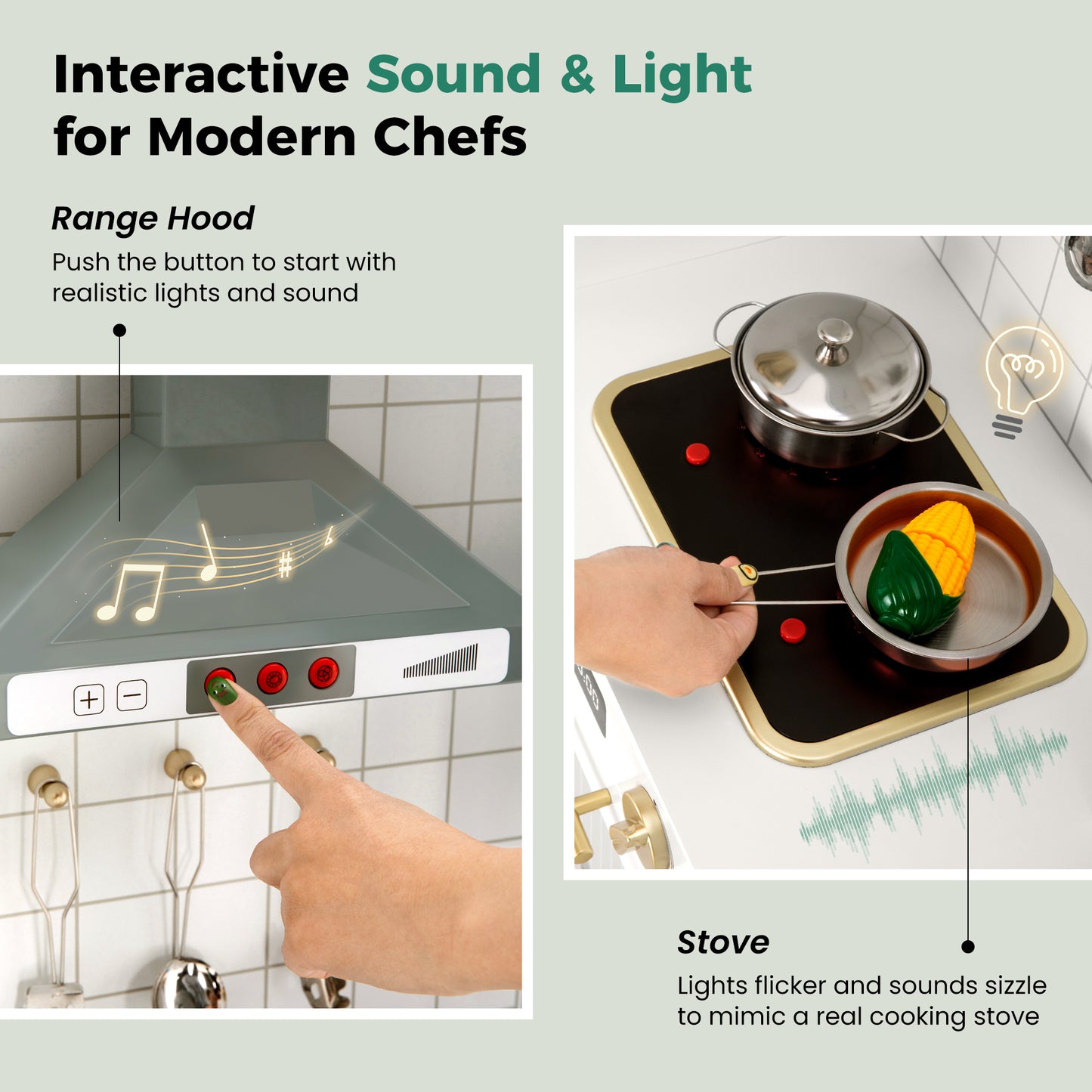 Alpha Joy Pretend Play Kitchen Large Wooden Toy Sets for Kids w/Realistic Sounds & Lights, Oven, Range Hood, Faucet, Sink, Cooking Accessories, Utensils, White