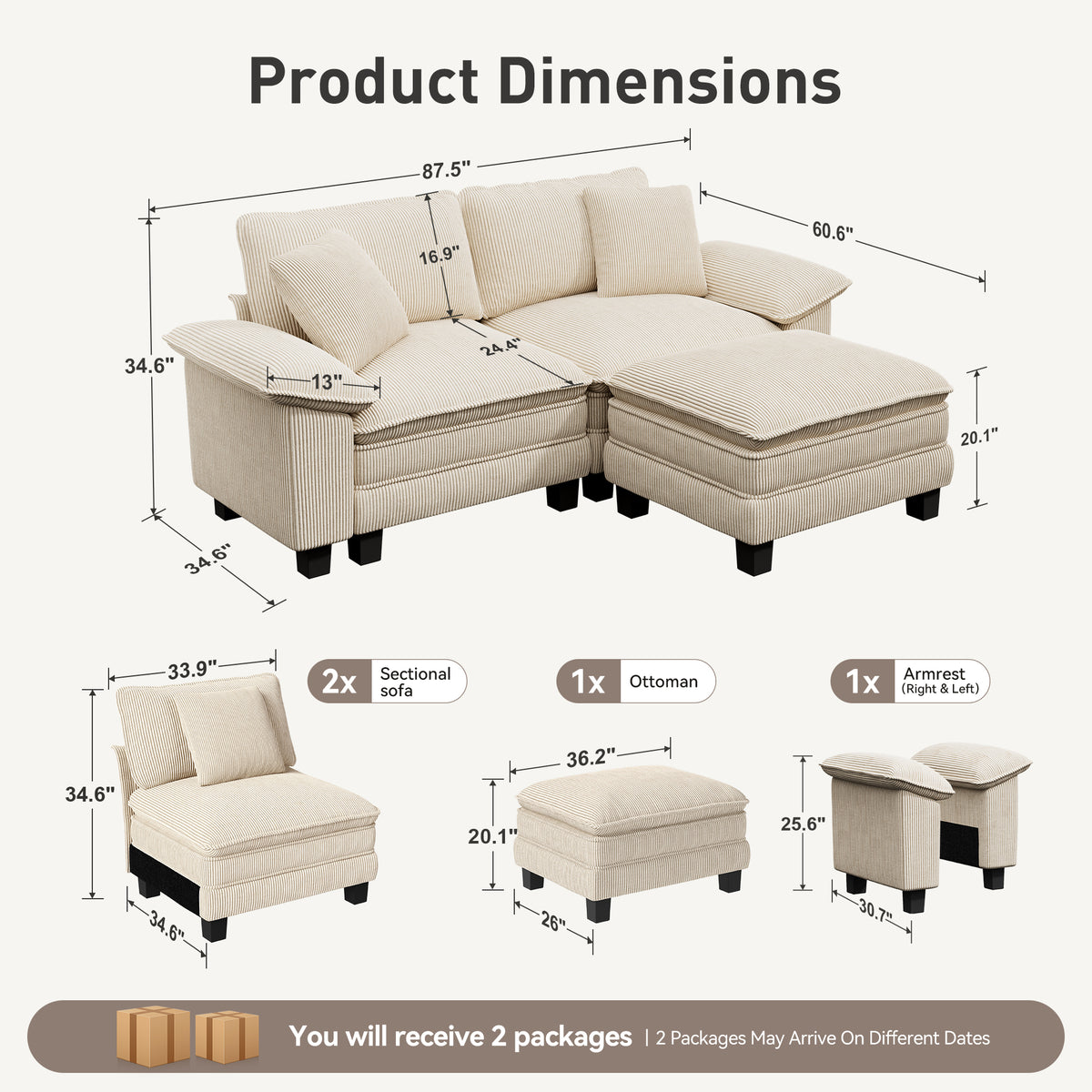 Sophia&William L-shaped Modular Sectional Sofa, 3-Seater Corduroy Cloud Couch Sofa Set with Deep Seat & 2 Pillows & Ottoman for Living Room, Apartment, Beige