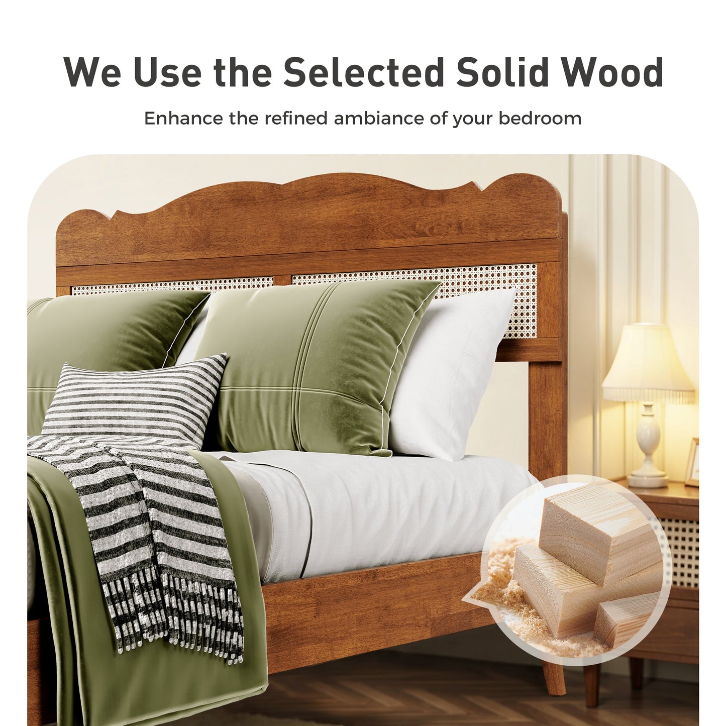 Sophia & William Full Size Wood Platform Bed Frame with Wooven Rattan Headboard & Wooden Slats,No Box Spring Needed